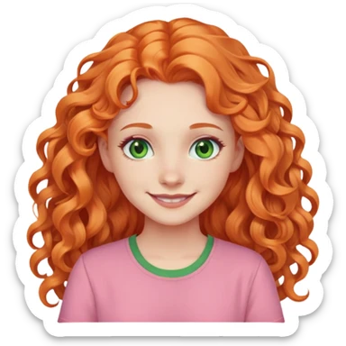 smiling pale girl with long curly orange hair, green eyes, pink shirt sticker
