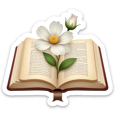 Icon for Poetry Reading: an open book with flowing, elegant verses on the pages, surrounded by a delicate flower. The icon should evoke the beauty and emotion of poetry. Transparent background. sticker