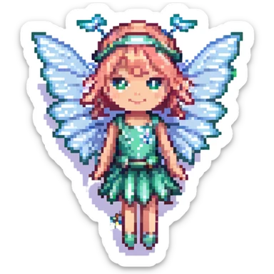 a cute fairy with sparkling wings, pixel art style sticker