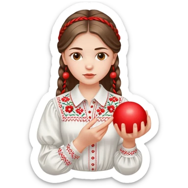 Ukrainian young girl in a white embroidered shirt holds a red ball of thread in her hand sticker
