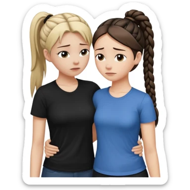 Comforting Hug two white skin women, one shorter woman with medium brown simple top ponytail, not braided, and one taller skinny sad face woman with a single long black side braid sticker