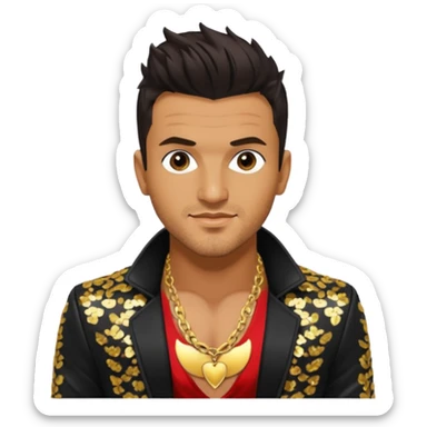 Peter Andre with dark brown hair, black sequin jacket, shirtless with necklace sticker