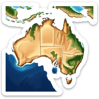 Outline and Landmass of Australia – Cinematic-realistic map of Australia, featuring its distinct coastline and iconic landmass shape. The deep blue ocean surrounds the golden-brown continent, with subtle topographic details highlighting its vast deserts, lush forests, and rugged coastline. A soft glow accentuates the edges, making the shape unmistakable. sticker