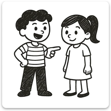 Adjust the left hand of the boy so it rests on his hip, keeping the doodle style and character details the same as in the reference image. sticker