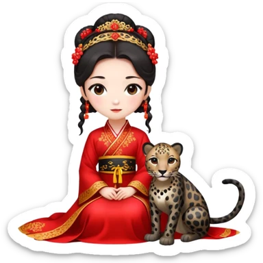 A beautiful girl in red Hanfu wedding dress sits on the ground holding a black leopard sticker