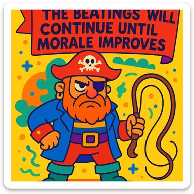 grumpy pirate with a whip and a sarcastic banner reading 'The beatings will continue until morale improves', vibrant toon style sticker