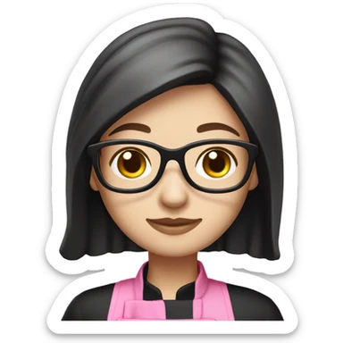 long brunette hair girl with pale skin and black glasses and a pink chef outfit sticker