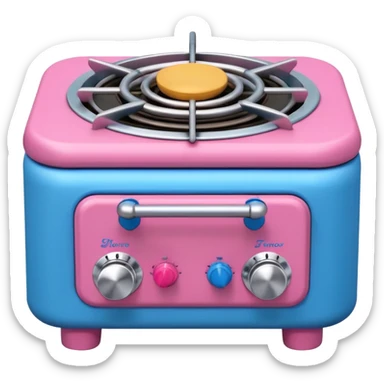Cute toy stove, single burner only, front view.
BabyBus-style 2.5D soft shading, bright pastel colors (pink & blue).
Rounded chunky toy shape, simple details.
Even studio lighting, NO harsh light, NO realism, NO textures.
Smooth matte surface, no outlines, no strokes.
Clean background. sticker