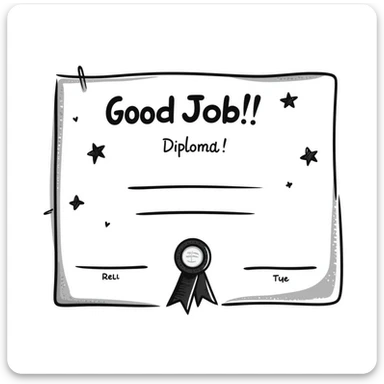 Simple diploma-style certificate with "Good Job!" text and star decorations sticker