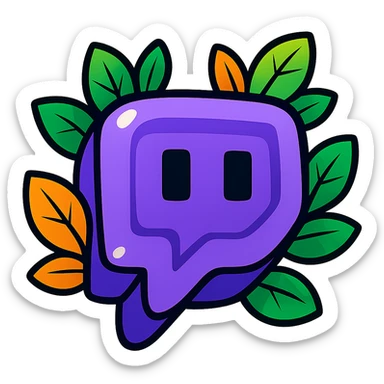 Plump, rounded Twitch logo in vibrant toon style with clear bold black outlines, sharp graphic solid shadows, and glossy highlights. No smooth gradients; shadows and highlights are solid and distinct, not soft or 3D. Emphasize a drawn, illustrated look with solid bright colors, no background, and bright vivid leaves around the logo. Shapes are even rounder and softer than the reference, flat and cartoonish, not realistic or balloon-like. sticker