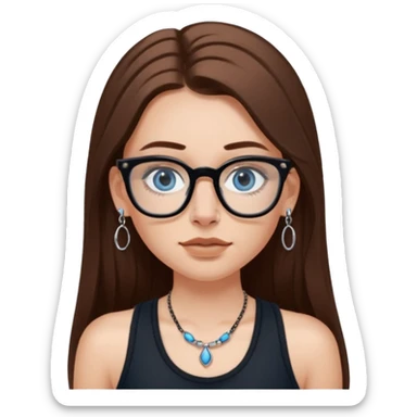 White girl with long brown hair, part going more to the RIGHT side, BLUE eyes, wearing BLACK rectangle plastic frame glasses. SEPTUM nose piercing hoop (at bottom of nose) AND stud nose piercing on right side of nose. Wearing BLACK tank top. No other jewelry sticker
