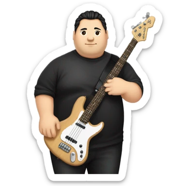 chubby chinese guy with fair skin, man bun, black shirt and bass guitar sticker
