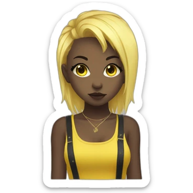 cute punk girl in yellow dress dark skin with yellow eyes and dark curvy hairs drummer anime style sticker