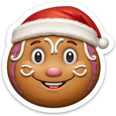 A cute gingerbread cookie with a face and a Santa hat sticker