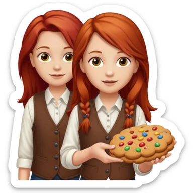 white girl scout with red long hair selling cookies with a brown vest and white shirt under vest. She should be around 10 years old sticker