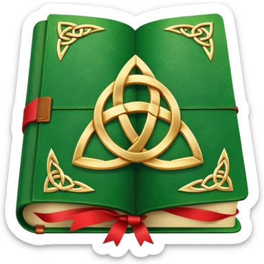 a green closed book with a golden triquetra on it with a red ribbon between the paged sticker
