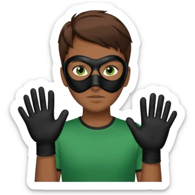 Chico de pelo marrón y ojos verdes, Con un cubre bocas negro, que tiene una camisa verde por encima de una remera blanca, y tiene un guante negro en una sola de las manos. sticker