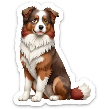 cinematic-[australian shepherd dog]-realistic-full-body-sitting-emoji,-tail-resting-loosely-beside-its-paws,-head-tilted-dramatically,-scruffy-[white faced and red merle]-fur,-simplified-yet-realistic-focused-features,-highly-detailed,-glowing-with-an-almost-sarcastic-glow sticker
