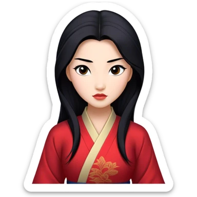 Cinematic Realistic Mulan Portrait, depicted with lifelike skin texture, soft natural lighting, and intricately detailed long black hair styled elegantly. Her deep, expressive eyes exude determination and grace, complemented by a serene yet confident expression. She is dressed in her classic attire, with rich fabric textures and delicate folds that catch the light beautifully. The portrait features a soft, enchanting glow with a natural, radiant finish, capturing the essence of timeless strength and beauty in a realistic and painterly style, evoking a sense of depth and authenticity. sticker