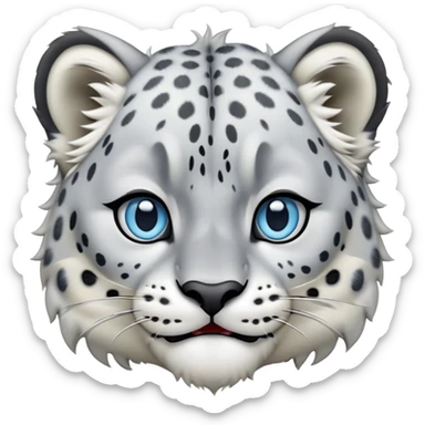 Cinematic-Comical-Snow-Leopard-Portrait-Emoji – Head tilted dramatically with an exaggeratedly amused expression, featuring a thick, spotted white-and-grey coat with a dense ruff around the neck, wide, piercing icy blue eyes filled with playful disbelief zoomed out showing the shoulders sticker
