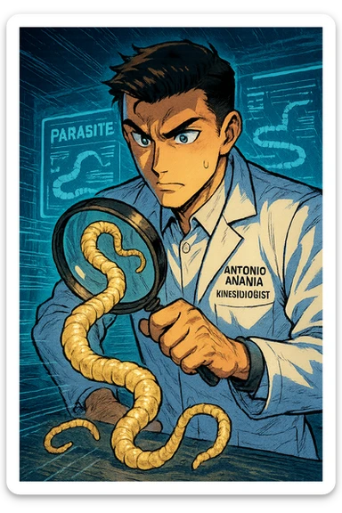 A dynamic manga/webtoon-style illustration of a young male kinesiologist wearing a clean white lab coat, analyzing light beige worms like a tapeworm under a magnifying glass. His expression is focused and slightly intrigued, with sharp, detailed eyes. The art style is vibrant, with bold linework, rich colors, and dramatic lighting. The background is a futuristic laboratory with glowing holographic screens displaying parasite data. The tapeworm is intricately drawn, slimy and segmented, with a slightly exaggerated yet realistic texture. The composition is dynamic, with motion lines or energy effects to emphasize his scientific investigation. The atmosphere is intense but not dark, keeping a balance between scientific seriousness and stylish manga aesthetics, he has "ANTONIO ANANIA" WRITTEN ON WHITE LAB COAT sticker