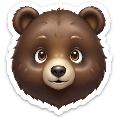 Cinematic Cute Bear Portrait Emoji, Head tilted playfully and inquisitively, featuring a glossy dark brown fur with a natural sheen and round, sparkling eyes filled with gentle curiosity, Simplified yet irresistibly adorable features, highly detailed, glowing with a warm, friendly glow, high shine, affectionate and mighty, stylized with a touch of woodland whimsy, bright and endearing, soft glowing outline, capturing the essence of a mischievous yet loving bear, so playful it feels like it could amble out of the screen and into your arms! sticker
