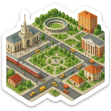 Изометричная миниатюрная фотореалистичная 3D модель панорамы Краснодара - вокзал Краснодар, КубГМУ, парк Краснодар со стадионом, краснодарские дома, автотранспорт четкие линии, яркие цвета, мультяшный реализм, люди, автотранспорт, компактная композиция, вид сверху в изометрии, прозрачный фон sticker