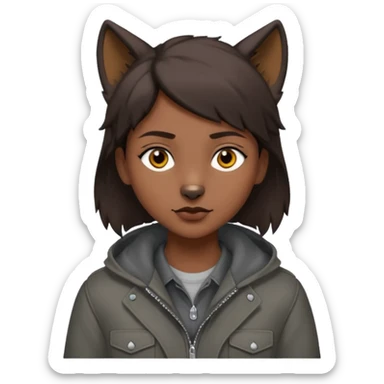 Hobo tomboy with dark brown hair in a wolf cut style that is parted in the middle. brown eyes, dark dull brown coat, grey shirt. sticker