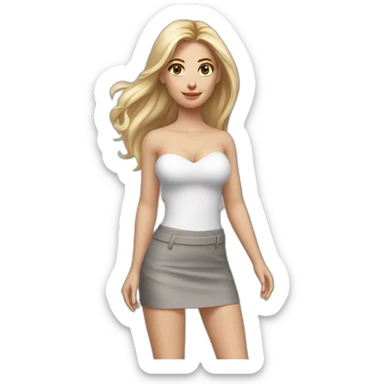 hyperrealistic caucasian long blonde hair brown eyes woman white v-neck strapless top gray tight mini skirt walking towards camera sticker