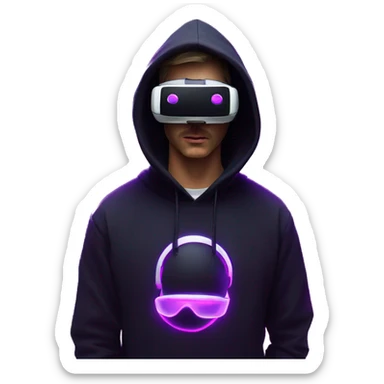 Russian man wearing a black hoodie with "OMG" letters on it and VR headset in a cyberpunk VR environment with violet neon lighting. sticker