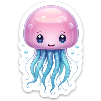 Cinematic floating kawaii jellyfish, tiny round body, soft glowing tentacles, pastel pink and blue hues, delicate sparkling highlights, dreamy and adorable. sticker