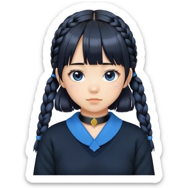 A Japanese girl with double braids and bangs wearing a black sweater with a blue collar sticker