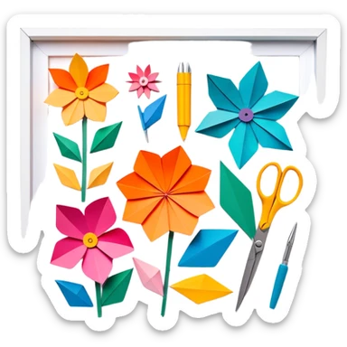 Paper crafting icon, various paper crafts like origami, 3D paper flowers, and scrapbooking materials, visible tools such as scissors, glue stick, and colour paper sheets, colorful paper patterns, minimalistic style, clean lines, transparent background. sticker