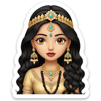 a pretty bratz fair indian girl wearing an indian wedding outfit,  golden jewellery, black wavy hair sticker