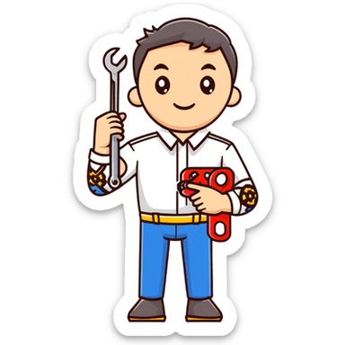 Ukrainian man in white embroidered traditional shirt holding a wrench in one hand and scissors in other hand sticker