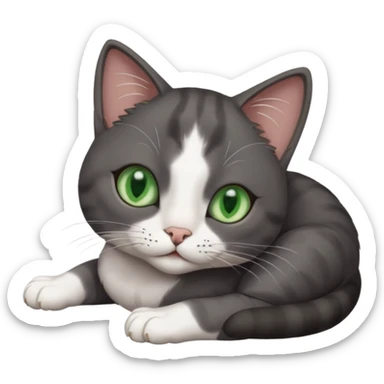 beautiful female solid dark grey cat with green eyes, white toes/paws and white patch on her chest rolling over sticker