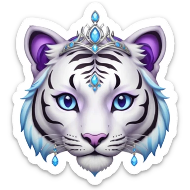 ESO Female white/black tiger khajiit leader of the umbral rose, glowing blue eyes, glowing blue 'third eye' gem; purple gemmed silver tiara sticker