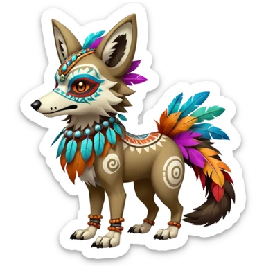 Furry cute colorful exotic tribal feral anime-styled Fakémon-Pokémon-animal-creature with a wolf-skull-head-mask-face, and colorful feathers around neck, with long furry ears, long furry tail, 4 legs, (full body), with intricate pattern-markings sticker