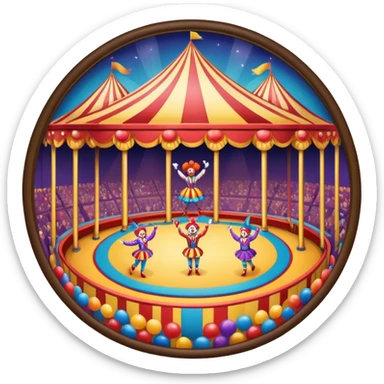 Icon for Circus Arts: a grand vibrant round circus arena with girls acrobats, a clown, and performing bears. The icon should capture the excitement and energy of the circus, with colorful costumes and a lively atmosphere. Transparent background. sticker