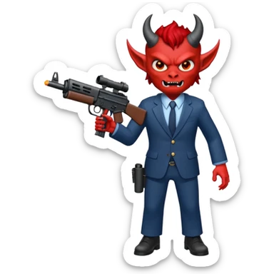 A Demon from hell that is dressed like a fbi agent with a machine gun, full body pointing the machine fun to the left. In the style of your be sticker