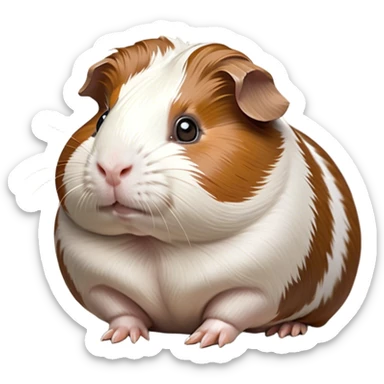 Cinematic Noble Brown and White Banded Guinea Pig Portrait Emoji, Poised and regal, with a compact, chubby build and a uniquely patterned fur of warm brown and crisp white banding, deep-set soulful dark eyes, Simplified yet sharp and sophisticated features, highly detailed, glowing with a soft, dignified glow, high shine, intelligent and charming, stylized with an air of distinctive elegance, focused and attentive, soft glowing outline, capturing the essence of a watchful and confident companion, so majestic it feels as though it could scurry out of the screen with effortless authority! sticker