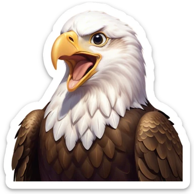 Cinematic Cute Yawning American Eagle Portrait Emoji, Head tilted slightly with a dramatic, wide-open yawn, showcasing a stately form with gently drooping feathers and sleepy, half-closed eyes, Simplified yet irresistibly adorable features, highly detailed, glowing with a soft, cozy majestic glow, high shine, relaxed yet expressive, stylized with a dash of whimsical aerial charm, soft glowing outline, capturing the essence of a drowsy yet affectionate American eagle that appears ready to stretch out for a nap! sticker