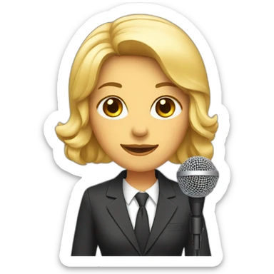 Woman wearing a suit while holding a microphone sticker