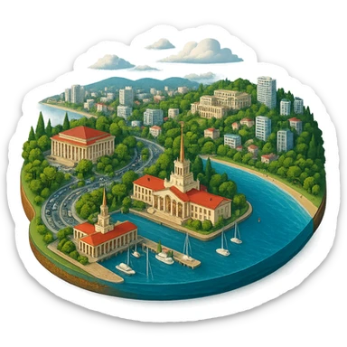 Изометричная, яркая, детализированная и фотореалистичная иллюстрация панорамы города Cочи на круглой подставке в стиле 3D-коллажей городов, ОДНО! здание Морского Порта, ОДИН! Зимний театр, санаторий Орджаникидзе, море чёткие линии, слегка мультяшная стилистика, прозрачный фон, не обрезать края картинки sticker