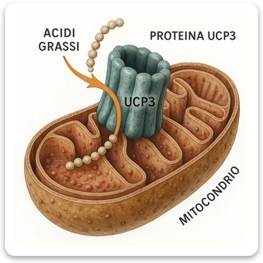 iper realistica illustrazione della proteina UCP3 che trasporta acidi grassi all'interno di un mitocondrio, dettagli molecolari realistici, mitocondrio realistico in sezione, frecce che mostrano il percorso degli acidi grassi, colori naturali, atmosfera educativa, testo in italiano, sfondo bianco sticker