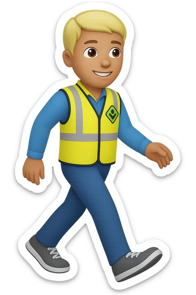 Edit the image to depict a full-body person walking, wearing a high-visibility vest, no hard hat, wearing trainers, in the style of apple emojis, with no background (transparent). sticker