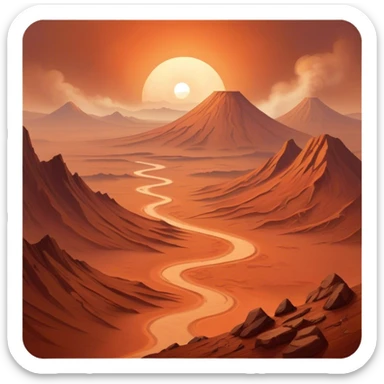 🔥 Cinematic Realistic Mars – A striking, high-resolution image of the Red Planet, featuring its iconic rust-colored terrain, deep canyons, and towering volcanoes. Swirling dust storms can be seen in the thin Martian atmosphere, with sunlight casting long shadows over its desolate, rocky landscape. sticker