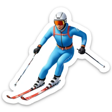 An icon featuring snowy peaks, pine trees, and a picturesque mountain landscape with a skier racing down a snow-covered slope, The sky is blue with soft clouds, capturing the thrill and beauty of alpine skiing. Transparent background highlights the excitement and serenity of winter sports. sticker