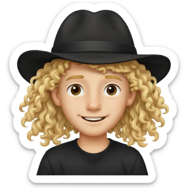 blonde boy with long curly hair past his hears and a LA hat, smiling, wearing a black shirt with freckles sticker