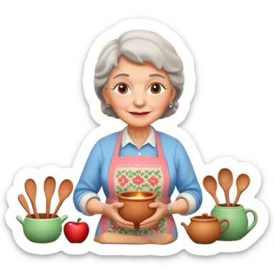 cartoon Apple iOS emoji style rural elderly woman, pastel colors, Chilean wooden kitchen background, clay pots, warm light, detailed and clean vector art sticker